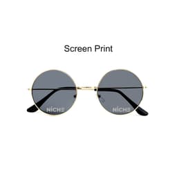 Retro round sunglasses with gold frames and dark lenses. Features a logo on the lens.