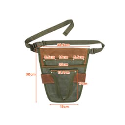 A green and brown garden tool waist pouch with multiple pockets and a strap, featuring a logo.