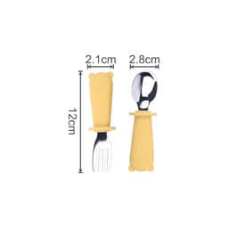 A yellow silicone cutlery set for kids, featuring a fork and spoon with bear-shaped handles. Includes a branding logo.