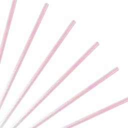 A group of straight, pink, 3-ply disposable drinking paper straws arranged in a fan shape, with a logo visible.