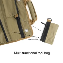 A multi-functional tool bag in olive green, featuring a detachable pouch and various compartments for organisation.