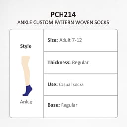 Ankle custom pattern woven socks in various colours, suitable for adults sizes 7-12, with a regular thickness.