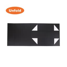A black foldable magnetic box with triangular flaps, featuring a logo. Ideal for compact packaging solutions.