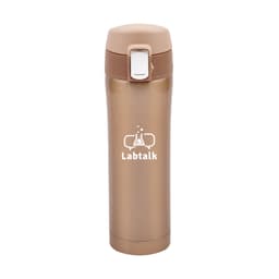 A drink bottle with a flip-top lid, featuring a stainless steel finish in gold and a logo on the front.