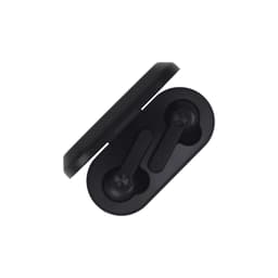 A pair of black wireless earbuds placed inside a sleek, black charging case. The case is slightly open.