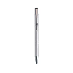 A silver aluminium click pen with a sleek design and a clip for easy attachment.