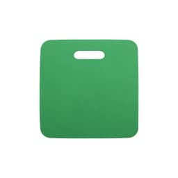 A green stadium seat cushion with a handle, featuring a smooth surface and a simple design.