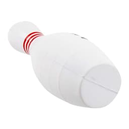 A white bowling pin-shaped stress reliever with red stripes, featuring a logo on one side.