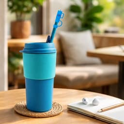 A drink bottle with a cup-shaped silicone straw cover in blue and teal, placed on a wooden table.