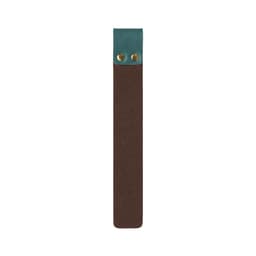 A brown and teal custom PU bookmark featuring two brass snaps at the top and a smooth finish.