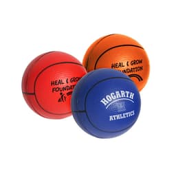 Three stress balls in basketball shape, coloured red, orange, and blue, featuring various logos.