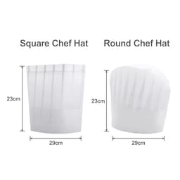A white disposable chef hat displayed in square and round styles, both measuring 23cm in height and 29cm in width.