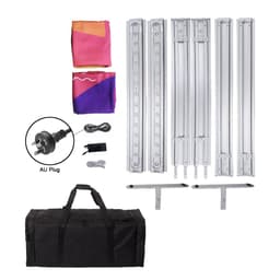 A backlit LED light box display kit includes colourful fabric graphics, metal frame, and a black carrying bag.