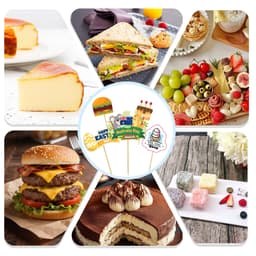 A collection of themed food images including cakes, sandwiches, burgers, fruits, and cheese platters, with decorative pick flags.
