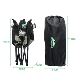 A foldable portable camping chair in black and grey, with dimensions and a carrying bag included.