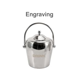 A stainless steel cooler bucket with a smooth finish and a rounded lid, featuring a handle and engraved branding.