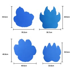 Four blue paw-shaped foam mitts in varying sizes with dimensions displayed alongside each.