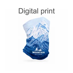 A neck gaiter featuring a digital print of blue mountain scenery with a logo at the base.