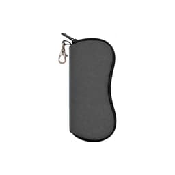 A grey neoprene glasses pouch with a zipper and clip for easy attachment. It features a smooth surface and curved design.