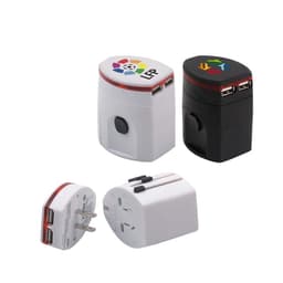 A collection of light-up universal plug travel adapters in black and white, featuring USB ports and branding.