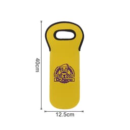 A drink bottle cooler in bright yellow with a handle and a logo. Fits a single bottle.