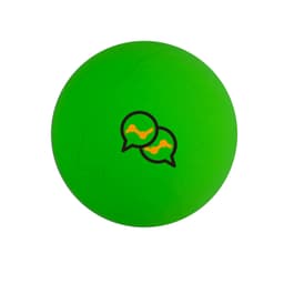 A green bouncy ball featuring a logo with two speech bubbles.