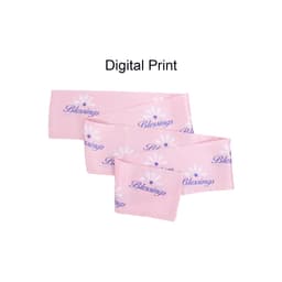 A pink chiffon long scarf featuring a digital print with floral designs and the word "Blessings." It has a logo.