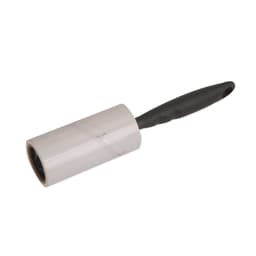 A lint remover with a black handle and a roll of sticky paper for removing lint and hair.