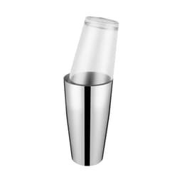 A cocktail shaker in stainless steel and clear glass, featuring a sleek, modern design. It includes a glass top.
