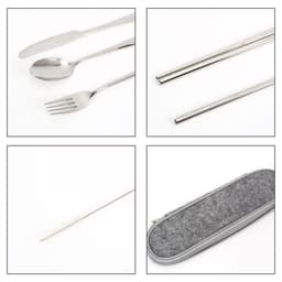 A stainless steel flatware set featuring a knife, spoon, fork, chopsticks, and a cleaning brush in a grey case.