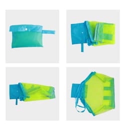 A mesh beach toy bag in bright blue and neon green, featuring zip closure and multiple compartments.