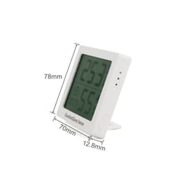 A digital temperature and humidity thermometer in white, featuring a clear display with measurement readings.