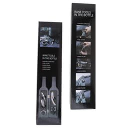 A drink bottle containing wine tools, including a corkscrew, foil cutter, wine collar, stopper, and pourer. Features a sleek black design.