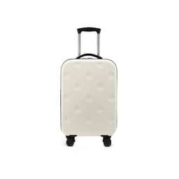 A collapsible suitcase in white with a textured surface, featuring a telescopic handle and four wheels for easy mobility.