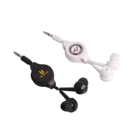 Retractable earbuds headset in black and white, featuring a logo on the black version.