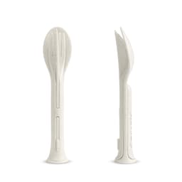 A 3-in-1 portable utensils set in white, featuring a fork, knife, and spoon combined into one sleek design.
