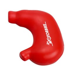 A red stomach-shaped stress reliever with a logo on its surface.