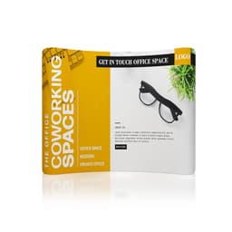 A curved fabric display wall in yellow and white featuring an image of glasses and a plant, with a logo.