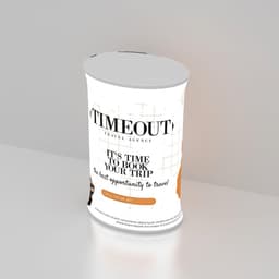 A backlit LED spring-up display in white and orange, featuring a travel agency promotional design with a logo.