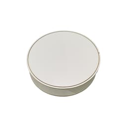 A round, backlit LED display with a sleek, white finish and a subtle gold rim. It also features a logo.
