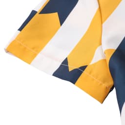 A close-up of a Women's polyester spandex Hawaiian shirt featuring bold yellow and navy patterns.