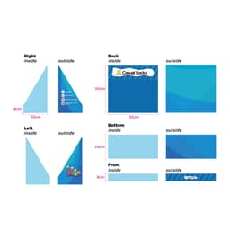 A display design for custom socks featuring blue and turquoise panels, with various dimensions for different sides and a logo.