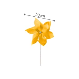 A yellow six-leaf pinwheel with a central connection, measuring 23 cm, attached to a white stick.