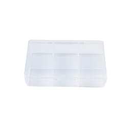 A clear, rectangular pill box with six compartments, featuring a hinged lid for easy access.