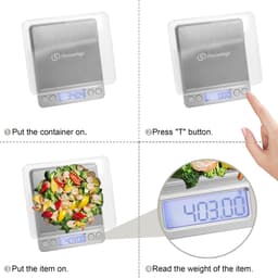 A rechargeable kitchen scale with a stainless steel surface and a digital display, featuring a hand placing food on it.