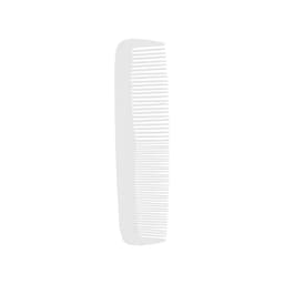 A white, custom blended-tooth comb with fine and wide teeth for versatile grooming. It features a simple design.