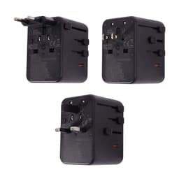 A 35W GaN universal travel adapter in black, featuring multiple plug configurations and a charging port.