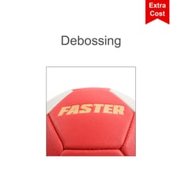 A red handball with white accents and a branding logo. It features a debossed design.