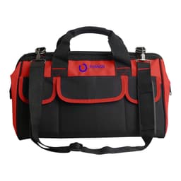 A black and red tool bag with multiple pockets and a detachable shoulder strap, featuring a logo.