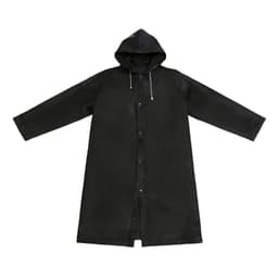 A black reusable PEVA raincoat with a hood, featuring long sleeves and a front closure, includes branding.